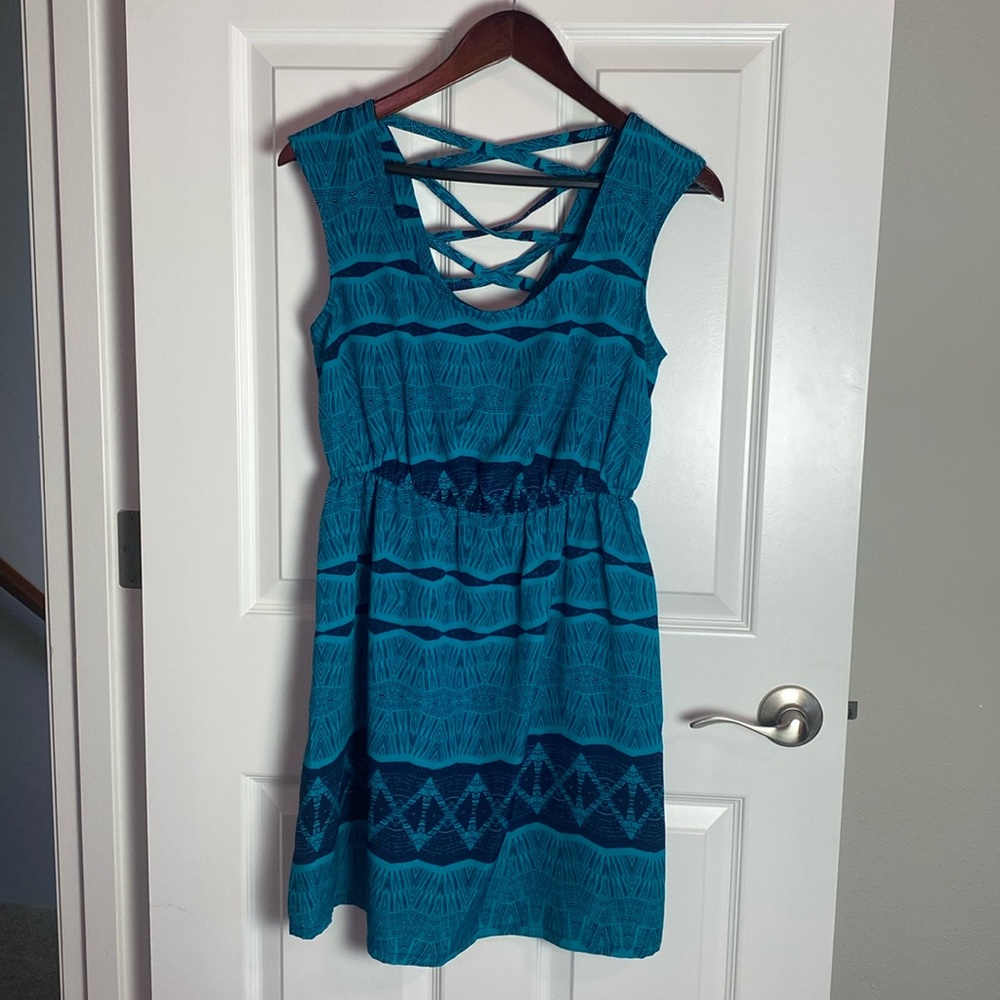 Strappy criss cross back turquoise dress geometric design mini